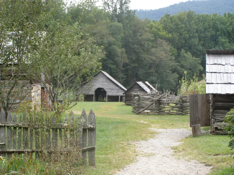 Historic farm buildings at the Oconaluftee Mountain Farm Museum